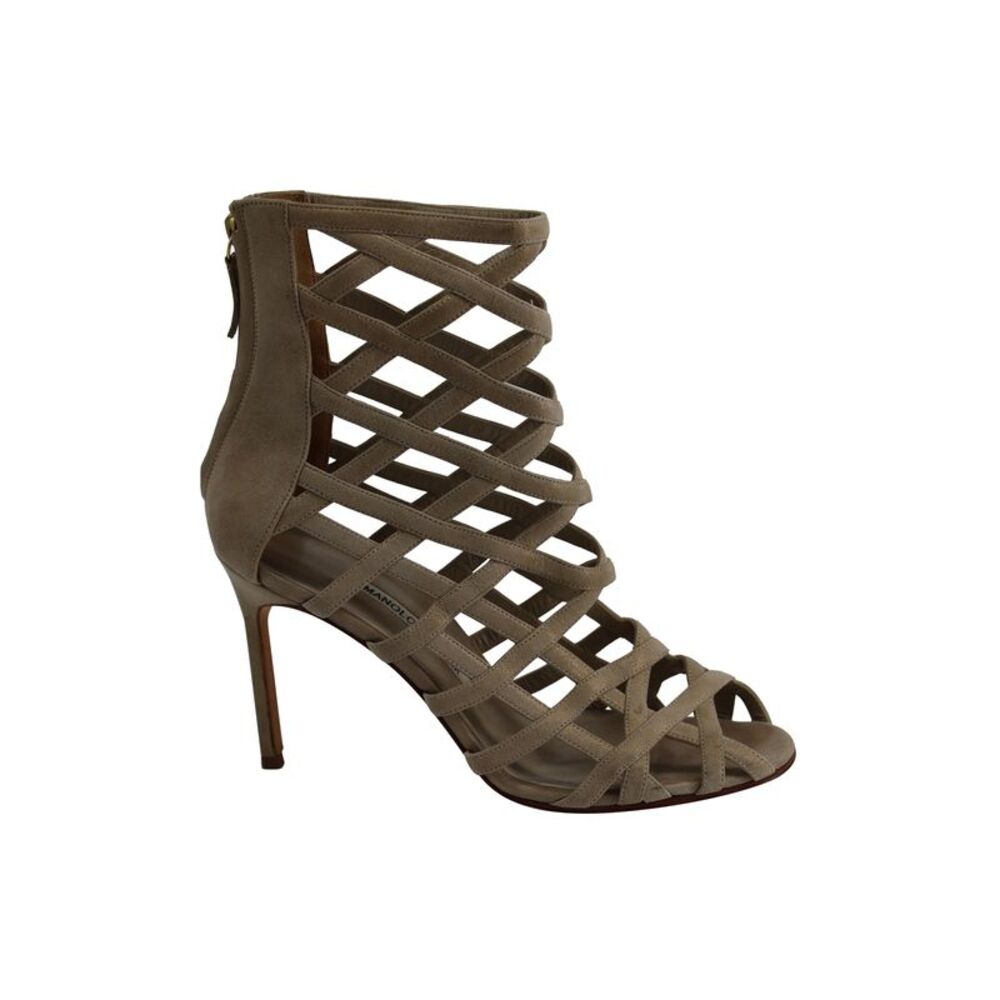 Manolo Blahnik Vagibu Cage Ankle High Heel Sandals in Khaki Suede